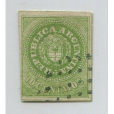 ARGENTINA 1862 GJ 11 ESCUDITO DE 10 Cts.ESTAMPILLA DE MUY BUENA CALIDAD, CON SUS 4 MARGENES Y FINAMENTE USADA U$ 275